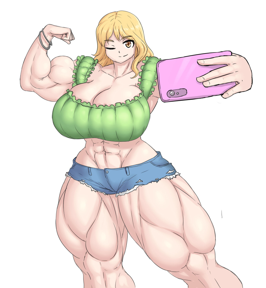 abs alternate_muscle_size bang_dream! blonde_hair huge_breasts kirigaya_touko muscular_female selfie sheepapp