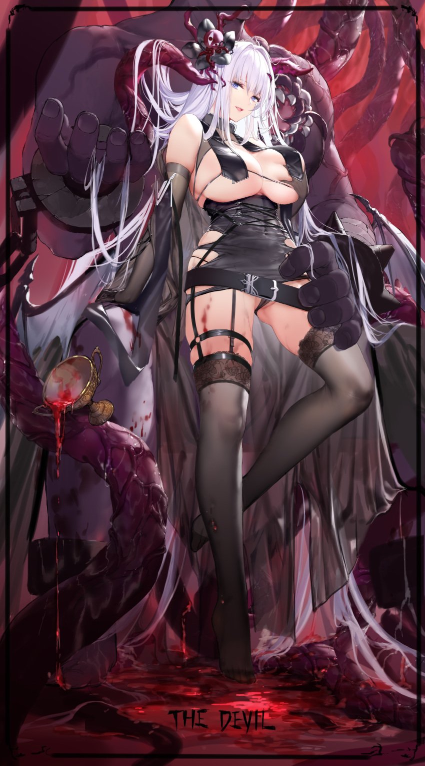 1boy absurdres bare_shoulders black_dress black_gloves black_panties black_thighhighs blood_on_body blue_eyes breasts chalice collar cuffs cup dress elbow_gloves female full_body garter_straps gloves hand_on_own_chest highres long_hair looking_at_viewer metal_collar open_mouth original panties shackles short_dress standing swd3e2 tentacle thighhighs torn_clothes torn_dress underwear very_long_hair white_hair