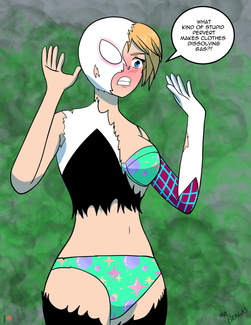 1girls belly_button bra bra_and_panties destroyed_clothing english_text euf exposed_bra exposed_panties exposed_underwear female female_only gwen_stacy marvel marvel_comics midriff mrbragas panties solo spider-gwen text underwear