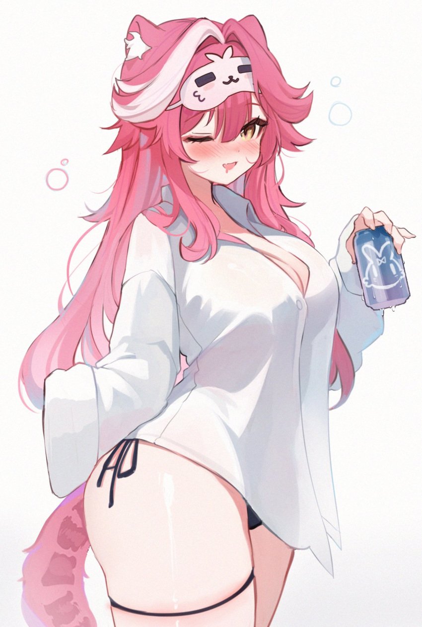 ;) big_breasts bikini_bottom blush cat_ears cleavage cute cute_fang drink drooling eye_mask female hololive hololive_english hololive_english_-justice- kemonomimi koahri pink_hair raora_panthera tail thick_thighs thigh_strap tired transparent_clothing virtual_youtuber white_shirt wholesome winking_at_viewer yellow_eyes