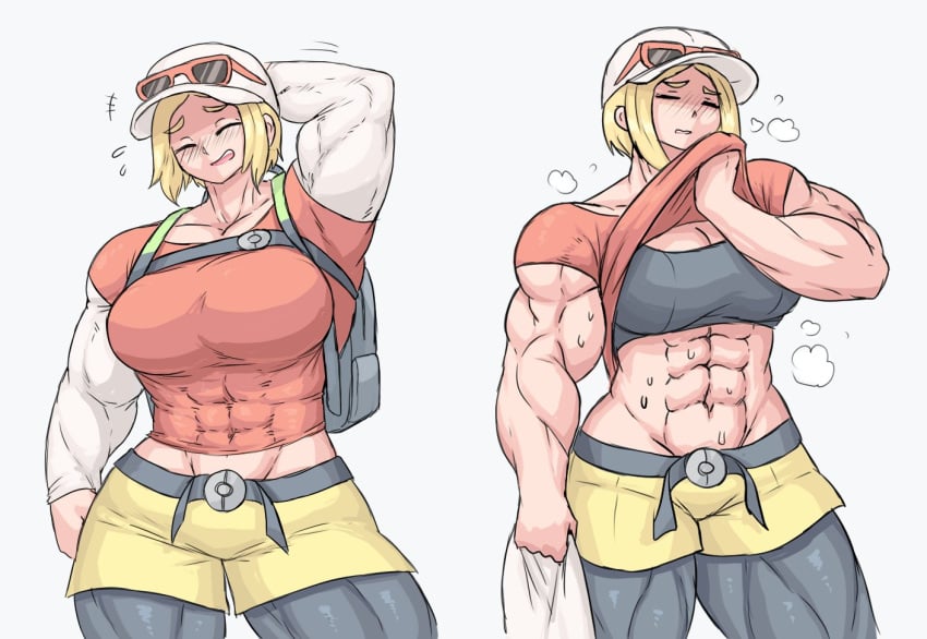 abs hiker_(pokemon) hiker_(pokemon_sv) huge_breasts muscular_female npc_trainer pokemon pokemon_sv sheepapp shirt_lift sweat