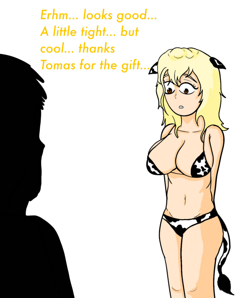 artist_upload big_breasts blonde_female blonde_hair cow_bikini cow_ears cow_girl cow_tail dialogue innocent mina(aventuras_do_cavaleiro) polisilver tomas(aventuras_do_cavaleiro)