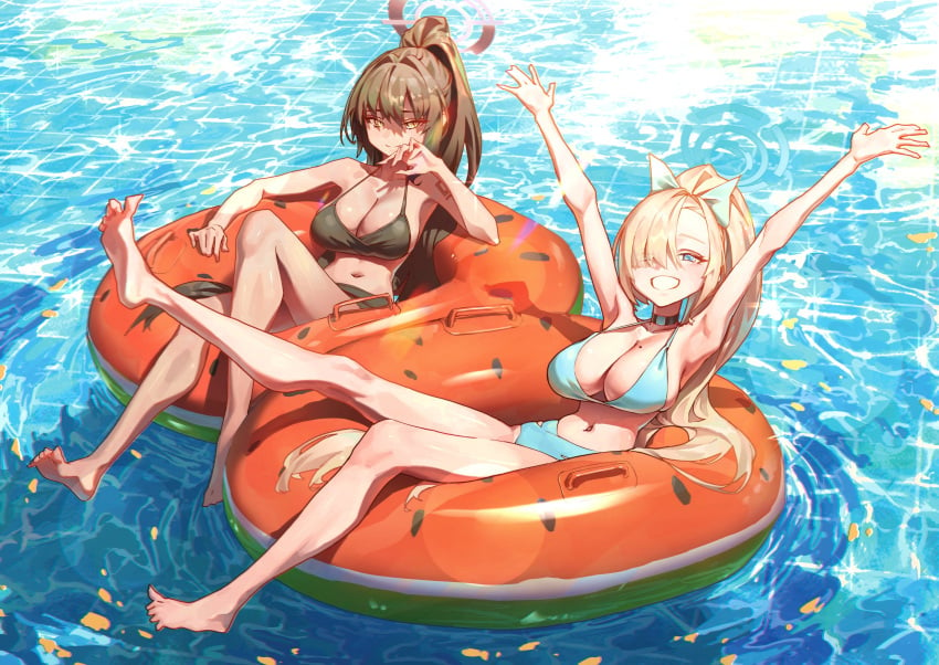 2girls absurd_res absurdres ankles armpits arms_above_head arms_up asuna_(blue_archive) bare_armpits bare_arms bare_belly bare_calves bare_chest bare_hands bare_hips bare_knees bare_legs bare_midriff bare_navel bare_shoulders bare_skin bare_soles bare_thighs bare_toes barefoot belly belly_button bikini bikini_bottom bikini_only bikini_top black_bikini black_bikini_bottom black_bikini_only black_bikini_top black_choker black_hair black_hair_female black_halo black_swimsuit black_swimwear blonde_eyebrows blonde_female blonde_hair blonde_hair_female blue_archive blue_bikini blue_bikini_bottom blue_bikini_top blue_eyes blue_eyes_female blue_halo blue_swimsuit blue_swimwear breasts calves choker cleavage collarbone dark-skinned_male dark_skin dot_nose elbows embarrassed embarrassed_female exposed exposed_armpits exposed_arms exposed_belly exposed_feet exposed_heels exposed_legs exposed_midriff exposed_shoulders exposed_thighs exposed_toes exposed_torso extended_arm feet female female_focus female_only fingers full_body groin hair_ribbon half_naked halo hands_above_head hands_up high_resolution highres hourglass_figure karin_(blue_archive) knee_up knees large_breasts leg_up legs light-skinned_female light_skin long_hair looking_at_viewer m1z mole mole_on_breast multiple_females multiple_girls navel parted_bangs ponytail ribbon sea shoulders sitting slender_body slender_waist slim_girl slim_waist smile smiling smiling_at_viewer soles swimsuit swimwear thick_thighs thighs thin_waist toes v-line very_long_hair water white_hair_ribbon white_ribbon wide_hips yellow_eyes yellow_eyes_female