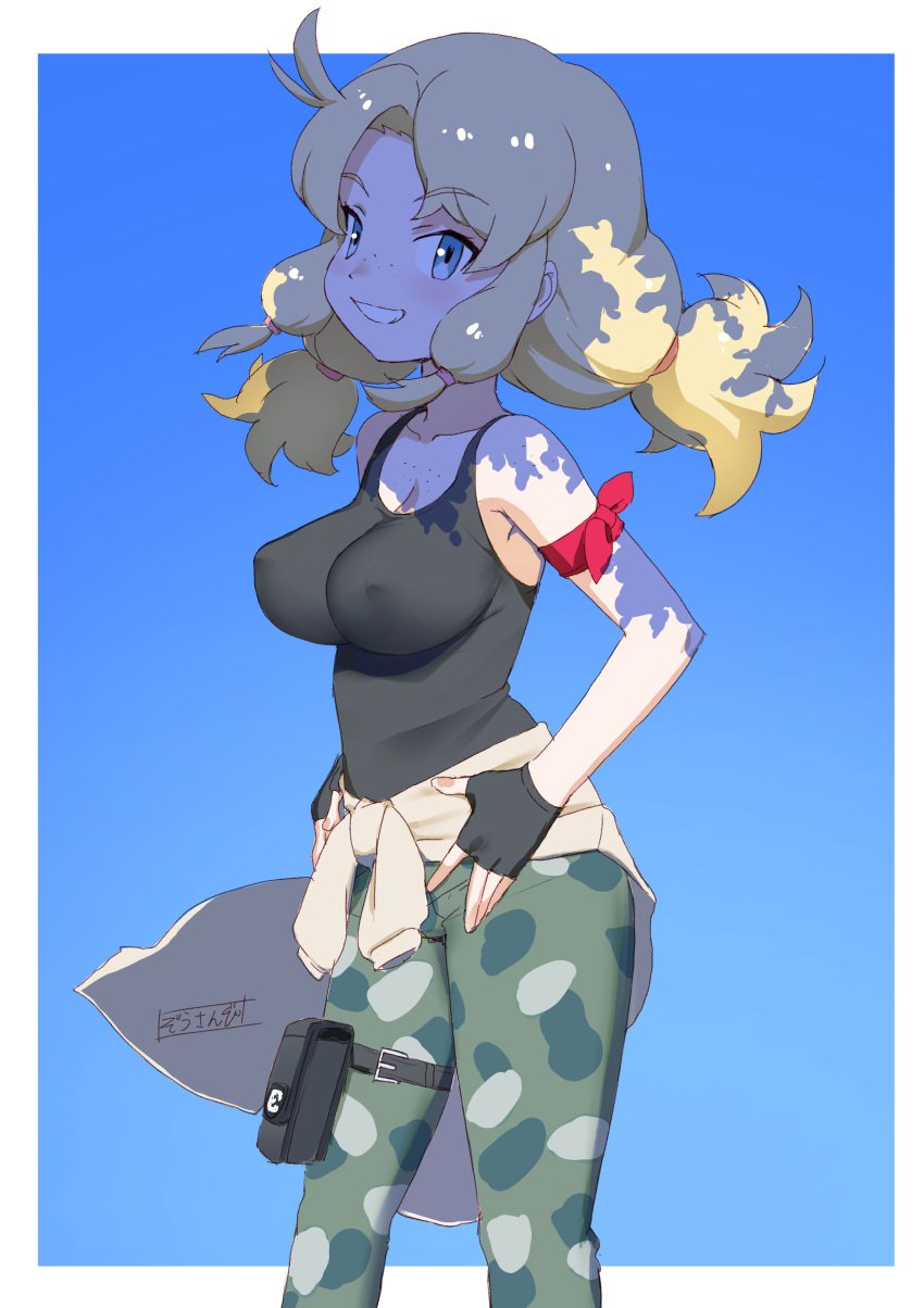 1girls arm_ribbon armband bangs bare_shoulders black_gloves black_shirt black_tank_top blonde_hair blue_background blue_eyes blush bodypaint border breasts calenda_(kemono_friends) camouflage camouflage_pants cargo_pants cleavage closed_mouth clothes_around_waist clothing cloud cowboy_shot curly_hair dot_nose erect_nipples erect_nipples_under_clothes eyebrows eyebrows_visible_through_hair eyelashes feathers female female_only fingerless_gloves freckles gloves green_pants grin hair_tie hairband hand_on_hip hand_on_own_thigh hand_on_thigh high_resolution huge_breasts impossible_clothes jacket kemono_friends kemono_friends_3 large_breasts leg_belt long_hair looking_at_viewer looking_to_the_side low_twintails masuyama_ryou medium_breasts multicolored_hair navel nipples nose_blush pants pink_hairband puffy_hair red_armband ribbon shirt shorts sidelocks simple_background skindentation sky sleeveless smile solo standing sun sweater sweater_around_waist tail tank_top tied_hair twintails very_long_hair white_border