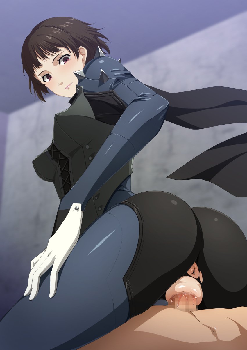 1boy absurdres ass ass_focus black_bodysuit bodysuit braid breasts brown_hair censored clothing commission cowgirl_position crown_braid female from_behind highres human looking_back looking_down makoto_niijima mosaic_censoring niijima_makoto pale_skin penis persona persona_5 phantom_thief_suit pointy_breasts pussy red_eyes reverse_cowgirl_position short_hair skeb_commission small_breasts straddling straight torn_bodysuit torn_clothes vaginal vaginal_penetration yu-ta