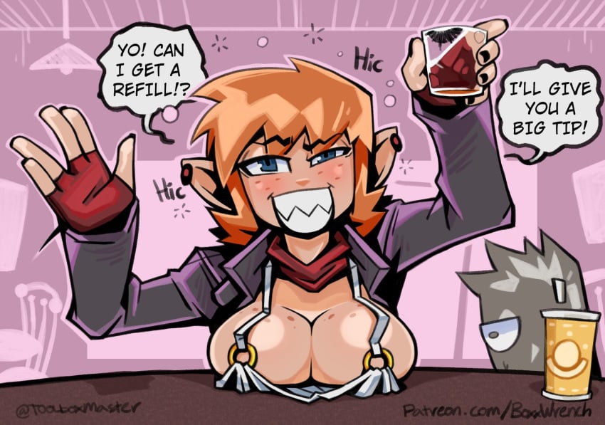 1girls 2024 big_breasts blue_eyes blush boxx_wrench color colored dialogue drunk english_text female fingerless_gloves giri_(boxx_wrench) hiccuping holding_glass looking_at_viewer original original_character pointy_ears red_hair sfw sharp_teeth short_hair smile speaking_to_viewer speech_bubble talking_to_viewer text