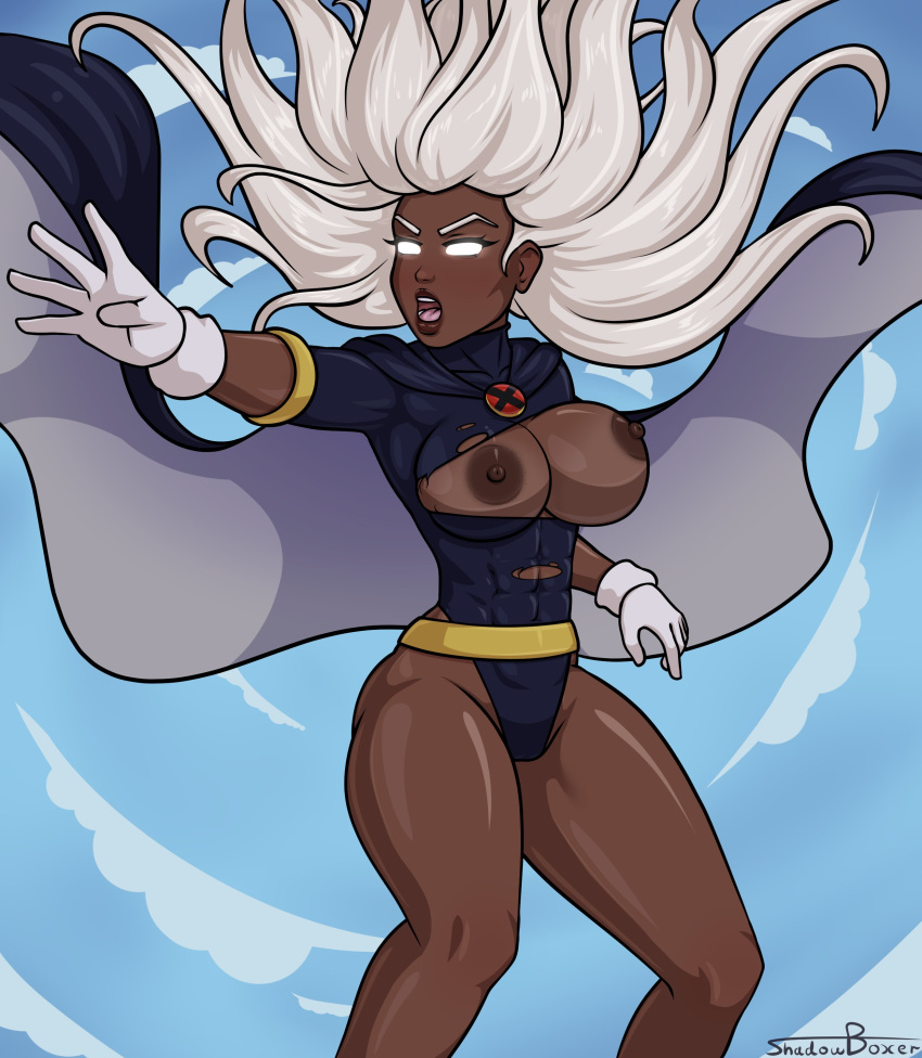 1girl 1girls action_pose african african_female big breast curvaceous curvy curvy_body curvy_female curvy_figure curvy_hips dark-skinned_female dark_skin female female_focus female_only flying gloves marvel marvel_comics muscular muscular_arms muscular_female muscular_legs muscular_thighs ororo_munroe shadowboxer solo solo_female storm_(x-men) superheroine torn_clothes white_eyes white_gloves white_hair wide_hips x-men