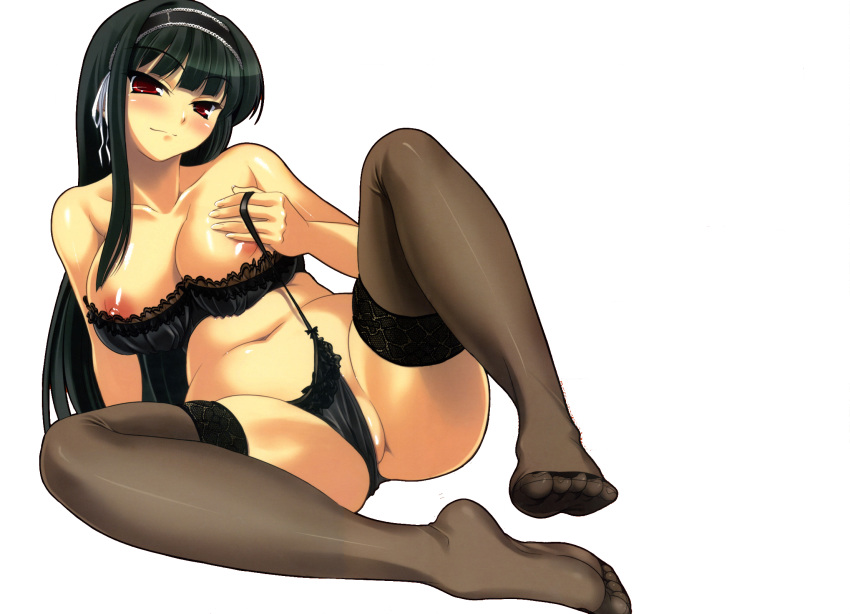 anime_nose arm_support black_hair blunt_bangs blush breasts female female_only headband highres human kuonji_shinra large_breasts lingerie long_hair navel nipple_slip nipples red_eyes smile solo they_are_my_noble_masters thighhighs underwear