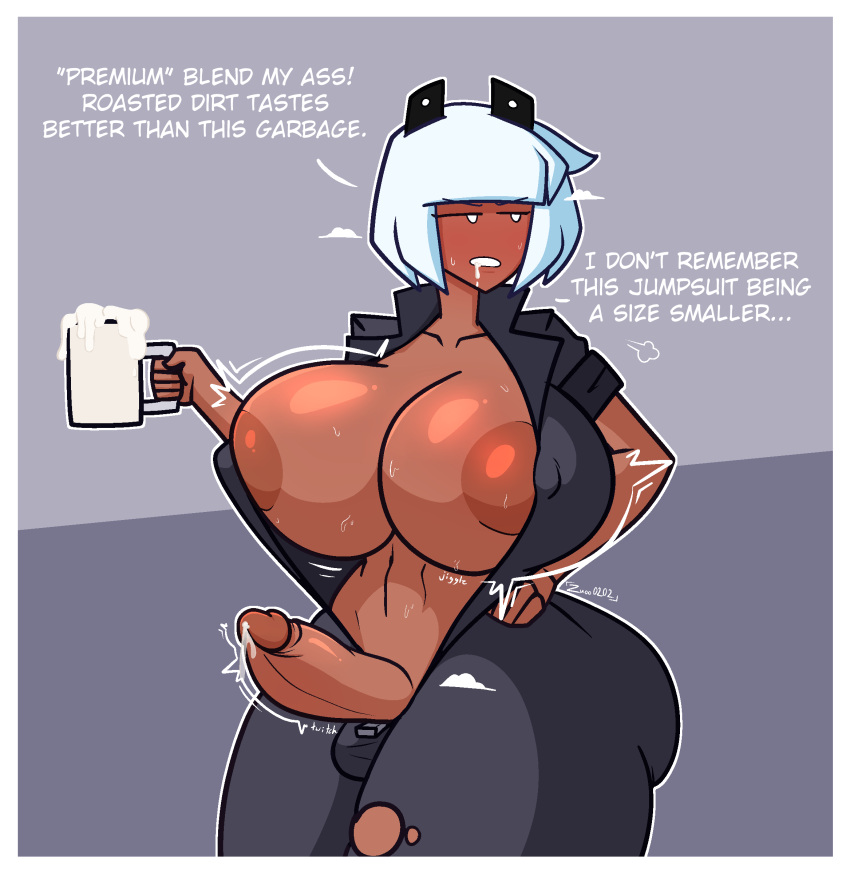 1futa 2021 20s areolae_slip balls bangs big_penis borrowed_character breast_expansion breasts clothed clothing cum curvy dark-skinned_futanari dark_skin dialogue drooling english_text erection futa_only futanari huge_breasts human jumpsuit mostly_clothed original_character penis short_hair smooth_balls smooth_penis solo standing tan_body text thick_thighs thighs unaware white_hair zuoo0202