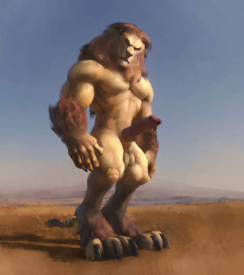 absurd_res animal_genitalia anthro arm_tuft balls big_balls big_sheath elbow_tufts emit felid feline fully_sheathed genitals hairy hi_res lion male male_only mammal mature_male muscular pantherine penis realistic sheath solo tuft