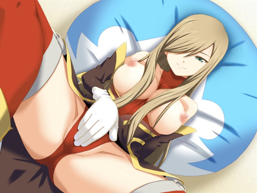 1girls bare_shoulders breasts breasts_out brown_hair covering covering_crotch dutch_angle female gloves green_eyes hair_over_one_eyes hou_(hachiyou) large_breasts long_hair nipples panties pillow red_panties smile solo spread_legs tales_of_(series) tales_of_the_abyss tear_grants thighhighs thighs underwear white_gloves