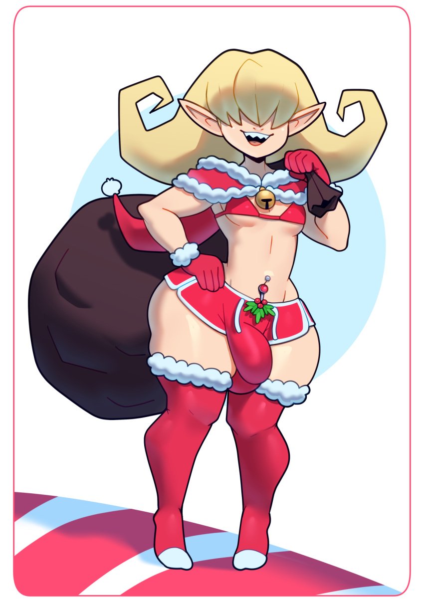 1boy bikini_top bulge_through_clothing capelet christmas christmas_bikini christmas_clothing christmas_outfit commission count_vasile femboy femboy_only girly holding_sack hooded_capelet male_only mistletoe navel_piercing sack short_shorts somescrub thighhighs vampire winter