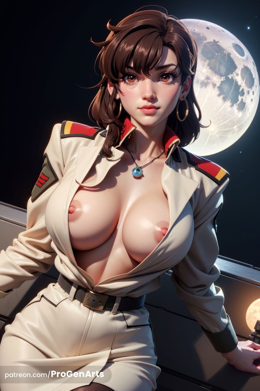 1girls ai_generated artist_name belt black_belt breasts brown_eyes brown_hair earrings full_moon gundam gundam_seed gundam_seed_destiny gundam_seed_freedom hi_res hoop_earrings jacket jewelry large_breasts lips long_hair looking_at_viewer military military_uniform mobile_suit_gundam moon murrue_ramius necklace nipples no_bra nose open_clothes patreon_username pendant progenarts sitting skirt solo uniform