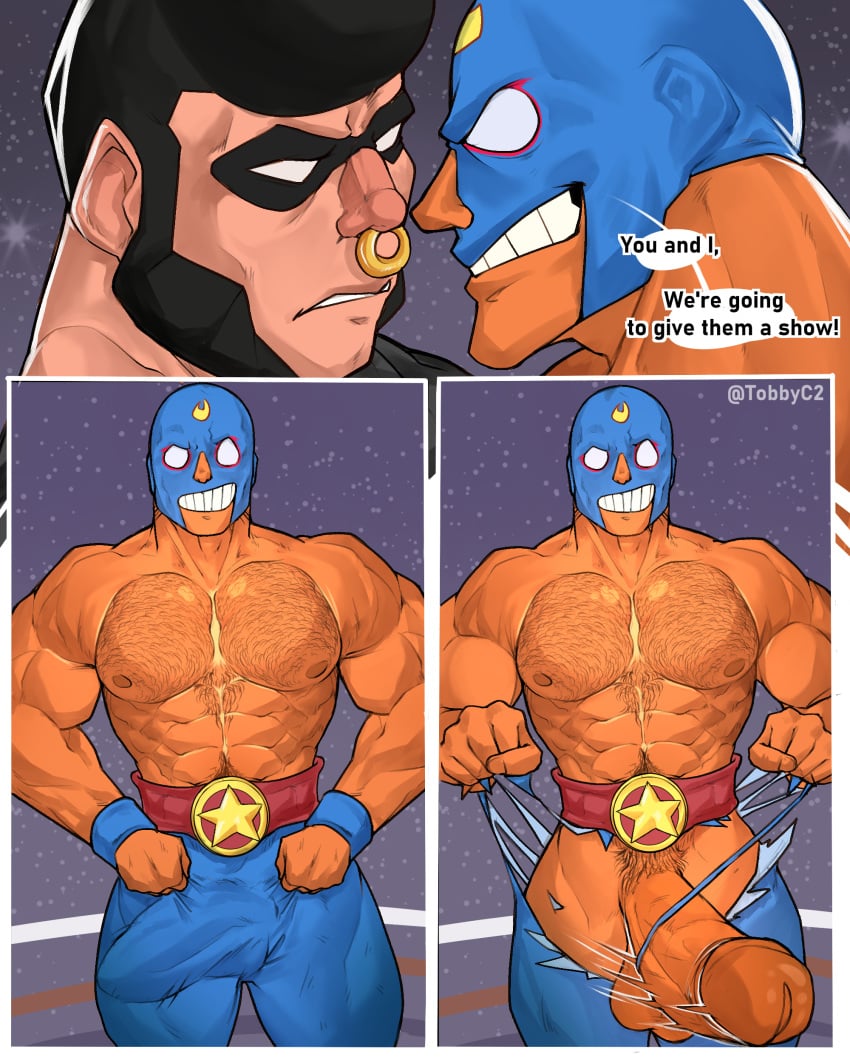 2boys abs balls bara bara_tiddies bara_tits beard belt big_balls big_bulge big_muscles big_pecs big_penis black_hair black_mask blue_mask blue_pants blue_wristband body_hair boner brawl_stars bulge bull_(brawl_stars) chest_hair comic comic_page dialogue duo el_primo_(brawl_stars) english_dialogue english_text erect_penis erection erection_in_pants erection_under_pants exposed_penis face_to_face facial_hair fighting_ring gay gold_nose_ring hairy hairy_chest hairy_male hanging_balls huge_bulge huge_cock human human_only hunk light_skin light_skinned_male male male/male male_only manly masculine mask masked_male mature mature_male muscular muscular_male muscular_thighs nipples nose_ring nude pecs pectorals penis penis_out pompadour pubic_hair public_exposure red_belt ring_ropes ripped_clothing ripped_pants ripping_clothing ripping_pants sideburns six_pack smile smiling smiling_at_partner smiling_at_viewer supercell text thick_penis tight_pants tobbyc2 veiny_penis video_games wrestler wristband