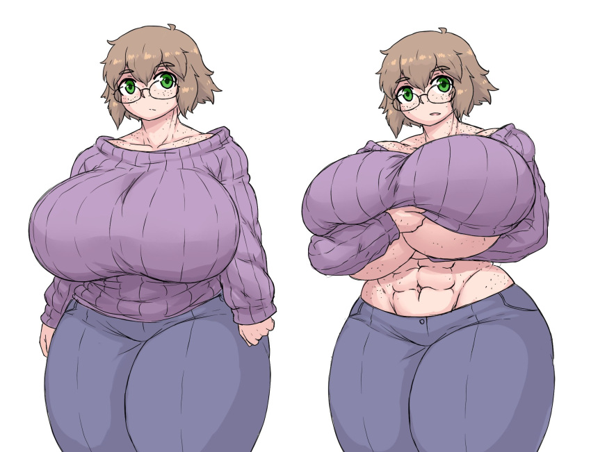 abs freckles glasses hyper_breasts milf muscular_female sheepapp shirt_lift