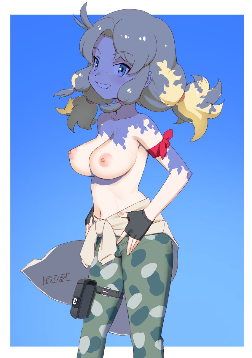 1:1 1girls areolae arm_ribbon armband bangs bare_shoulders black_gloves blonde_hair blue_background blue_eyes blush bodypaint border breasts breasts_out calenda_(kemono_friends) camouflage camouflage_pants cargo_pants closed_mouth clothes_around_waist clothing cowboy_shot curly_hair dot_nose erect_nipples erect_nipples_under_clothes eyebrows eyebrows_visible_through_hair eyelashes feathers female female_only fingerless_gloves freckles gloves green_pants grin hair_tie hairband hand_on_hip hand_on_own_thigh hand_on_thigh high_resolution huge_breasts jacket kemono_friends kemono_friends_3 large_breasts leg_belt long_hair looking_at_viewer looking_to_the_side low_twintails masuyama_ryou medium_breasts multicolored_hair navel nipples nose_blush pants pink_hairband puffy_hair red_armband ribbon shirt shorts sidelocks simple_background skindentation sky sleeveless smile solo standing sun sweater sweater_around_waist tail tank_top third-party_edit tied_hair topless twintails very_long_hair white_border