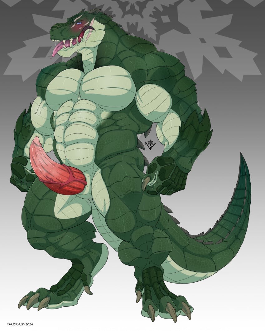 abs animal_genitalia anthro blue_eyes blush claws crocodilian genital_slit genitals hi_res lustful_desires male muscular muscular_anthro muscular_male narram official_alternate_costume official_art pecs penis reptile scales scalie scar sharp_teeth solo tail talon_(lustful_desires) teeth tongue tongue_out vein veiny_penis