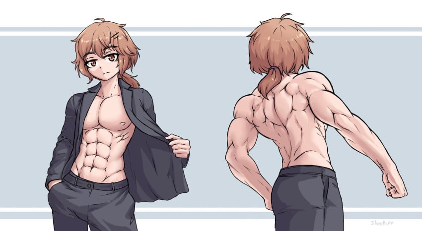 abs androgynous back_muscles big_head long_hair muscular_male no_visible_genitalia original_character ponytail sheepapp shirtless