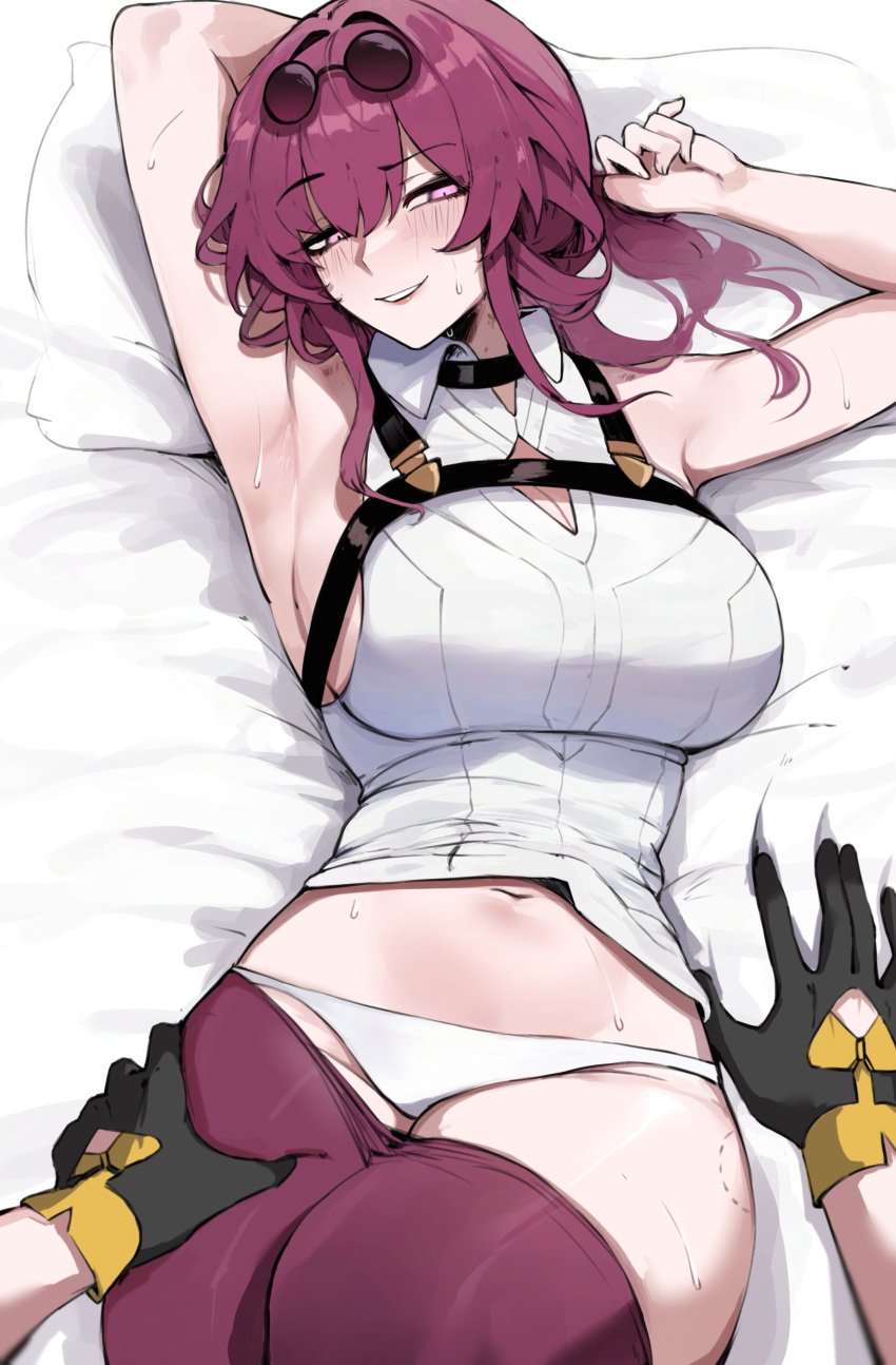 2girls arms_up big_breasts curves curvy female female_only honkai:_star_rail honkai_(series) hoyoverse imminent_lesbian_sex kafka_(honkai:_star_rail) masoq095 mihoyo milf on_bed pov red_hair smile stelle_(honkai:_star_rail) tagme undressing_another wine_colored_hair yuri