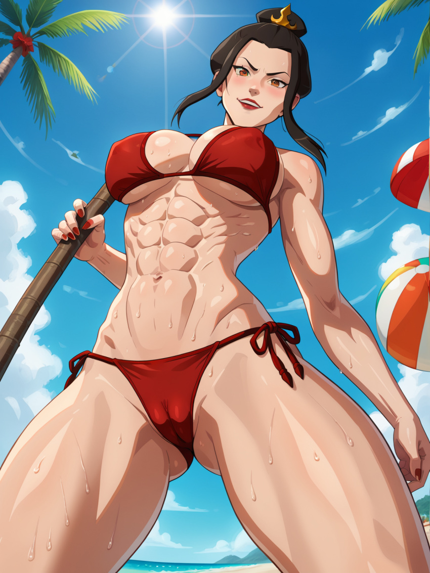 1girls abs ai_generated avatar_legends avatar_the_last_airbender azula ball beach beachball bikini blue_sky breasts cloud cloudy_sky covered_nipples day female fire_nation muscular muscular_female nail_polish ocean outdoors palm_leaf palm_tree red_bikini red_nails side-tie_bikini sky solo summer sun sweat swimsuit toned tree