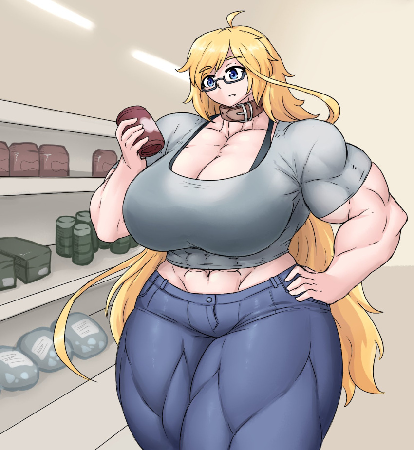 abs big_breasts blonde_hair breasts chocker cleavage huge_breasts muscular_female sheepapp shopping sophie_(sheepapp) thick_thighs wide_hips