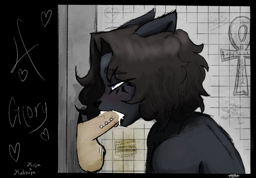 anthro balls bathroom bathroom_sex blush bodily_fluids canon_x_oc comic cum cum_in_mouth cum_inside cum_on_penis duo facial_markings felid feline fellatio female fluffy fluffy_hair frenum_ladder frenum_piercing genital_fluids genital_piercing genitals glory_hole graffiti graffiti_on_wall hair head_markings hi_res katsuya_wasaki kuja_(final_fantasy) ladder_piercing looking_pleasured male male/female mammal markings nude nude_anthro nude_female oral penile penis penis_piercing piercing public_restroom restroom_stall sex valkyriedyne