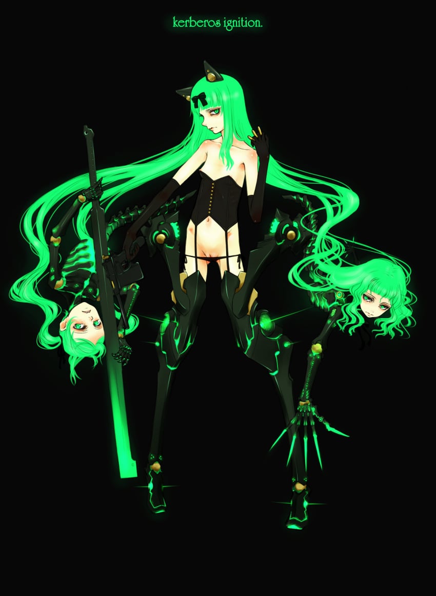 1girls bow bullet bustier claws clit_slip clitoris_slip clitslip elbow_gloves female flat_chest gloves green_eyes green_hair gun hairbow highres lingerie long_hair lowleg lowleg_panties mecha_musume nipple_slip nipples original orihiro panties solo thighhighs underwear very_long_hair weapon