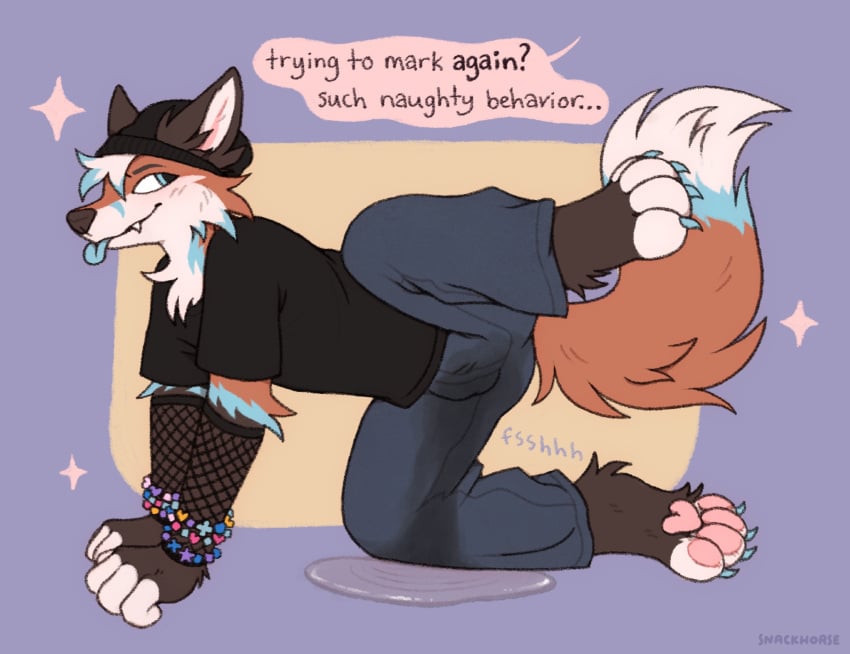 all_fours anthro blep blush bodily_fluids bottomwear bracelet canid canine clothing fox genital_fluids head_tuft hi_res jewelry male mammal marking_territory pants pawpads peeing raised_leg snackhorse solo tongue tongue_out tuft urinating urinating_male urination urine urine_on_ground watersports wet wet_bottomwear wet_clothing wet_pants wetting