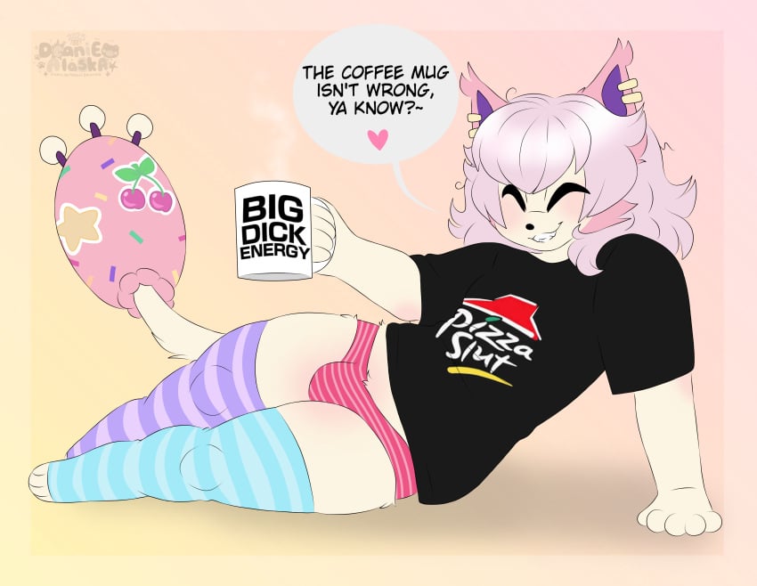 absurd_res anthro bedhead beverage black_clothing black_shirt black_topwear bulge clothing coffee coffee_mug container cup deaniealaska ear_piercing fan_character femboy footwear fur generation_3_pokemon hi_res legwear male mug multicolored_body multicolored_fur nintendo panties panties_bulge pattern_clothing pattern_legwear piercing pink_body pink_clothing pink_hair pink_panties pink_underwear pokemon pokemon_(species) shirt simple_background skitty smile smiling_at_viewer socks solo speech_bubble stockings striped_clothing striped_legwear stripes t-shirt topwear underwear