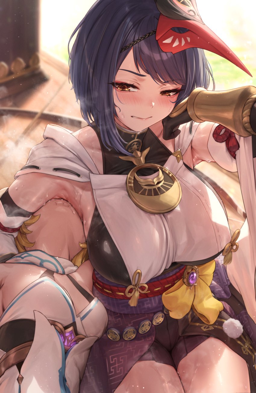 2girls absurdres armpits black_hair blonde_hair blush breasts commentary crow_mask english_commentary genshin_impact highres kujou_sara large_breasts licking licking_armpit looking_at_another lumine_(genshin_impact) mask mask_on_head mixed-language_commentary multiple_girls padoruu short_hair solo_focus steam steaming_body sweat thighs yellow_eyes yuri