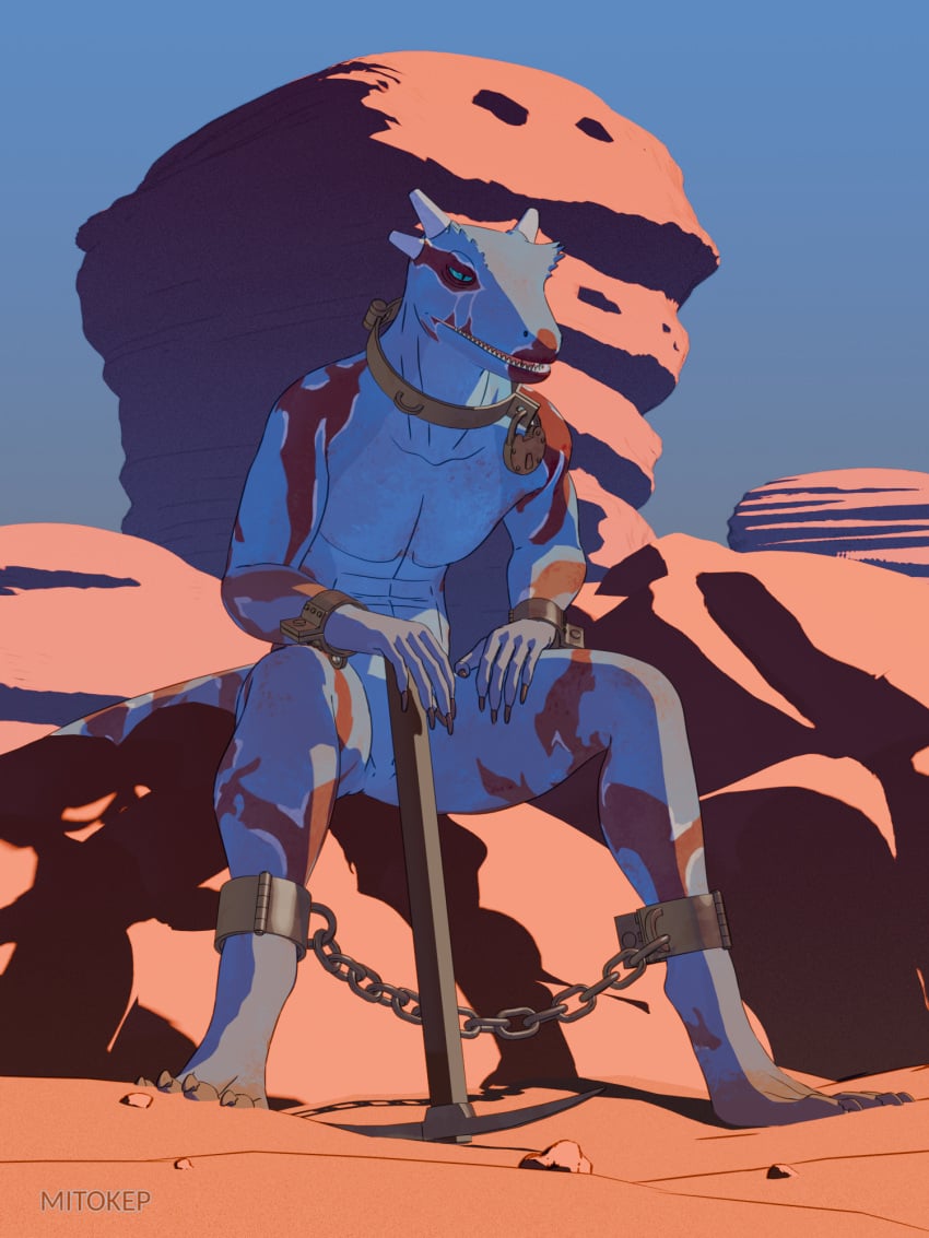 2025 3:4 3d_(artwork) 4_toes animal_genitalia anthro barefoot blender_(artwork) bondage bondage bound cel_shading chained chains claws collar cuff_(restraint) day desert digital_media_(artwork) dirty dust feet forced_labor genital_slit genitals hi_res leaning leaning_forward lizard lock male mesa_(landscape) mitokep nude nude_anthro nude_male onase outside padlock pickaxe reptile restrained restraints rock scalie servitude shackles shaded sitting slave solo submissive submissive_male tail teeth toes tongue tools