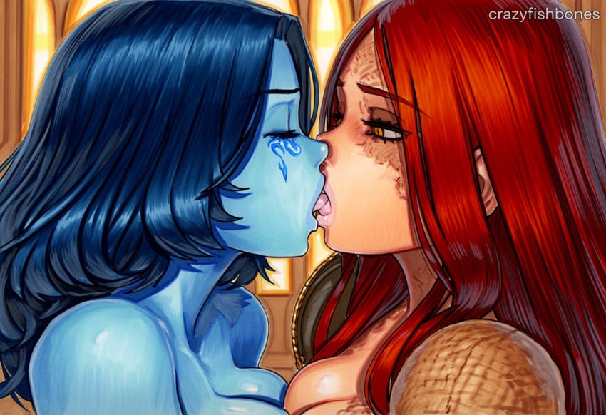2025 2girls ai_generated artist_name big_breasts blue_hair blue_skin blush breasts cleavage closed_eyes colored_skin couple crazyfishbones duo female kissing long_hair looking_at_another malenia_blade_of_miquella multiple_girls neck red_hair symmetrical_docking upper_body yuri