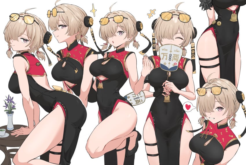 1girls absurdres ahoge bare_arms bare_shoulders black_dress black_shoes blonde_hair breasts china_dress chinese_clothes closed_eyes closed_mouth clothing_cutout commentary covered_navel covering_own_mouth dress eyewear_on_head female from_side grin hair_over_one_eye hand_fan highres holding holding_fan large_breasts leg_up medium_hair multiple_views no_panties pelvic_curtain profile purple_eyes red_dress shoes simple_background skindentation sleeveless sleeveless_dress smile standing standing_on_one_leg sunglasses sweety_(zenless_zone_zero) symbol-only_commentary thigh_strap thighs tinkie tinted_eyewear twintails two-tone_dress underboob_cutout white_background yellow-tinted_eyewear zenless_zone_zero
