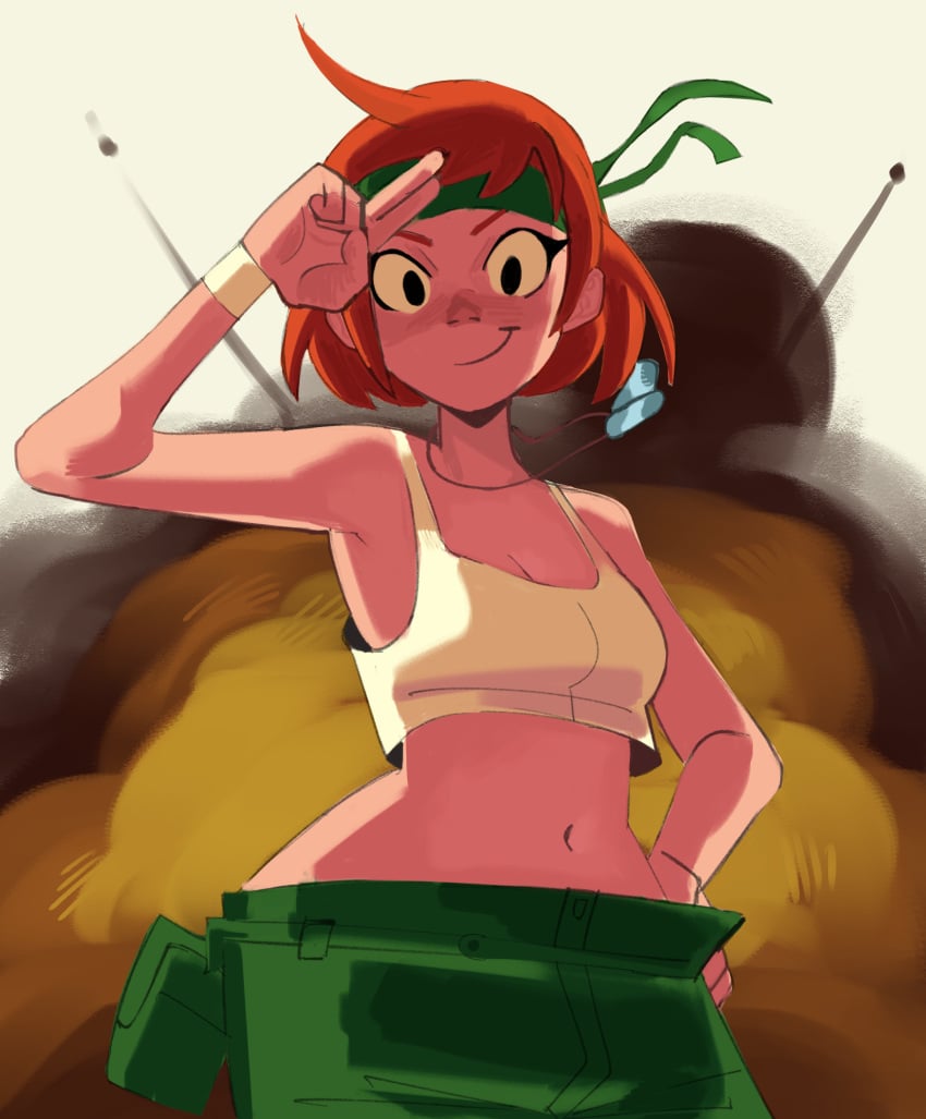 advance_wars amiokay bandage bandaged_wrist belly confident cute cute_eyes cute_face cute_female cute_girl cute_smile digital_art digital_drawing_(artwork) digital_media digital_media_(artwork) dog_tags dookie explosion fattcactus female female_focus female_only ginger ginger_female ginger_hair green_handwear green_headband green_pants hand_on_hip headband headwear looking_at_viewer military military_pants non-sexual non_sexual orange_hair red_hair sami sami_(advance_wars) sleeveless smile smiling smiling_at_viewer smirk soldier solo solo_female solo_focus stomach tank_top tanktop tummy white_tank_top