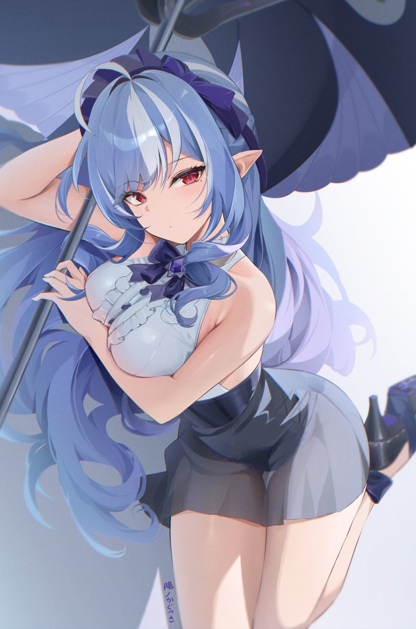 adapted_costume arm_up backless_shirt black_shoes black_skirt breasts closed_mouth dot_mouth drill_hair head_rest high_heels highres hino_kagutsuki holding holding_umbrella looking_at_viewer lying medium_breasts multicolored_hair on_side pointy_ears purple_hair purple_umbrella red_eyes see-through_silhouette shirt shoes skirt solo streaked_hair thigh_gap umbrella vivian_banshee white_hair white_shirt z1girl zenless_zone_zero