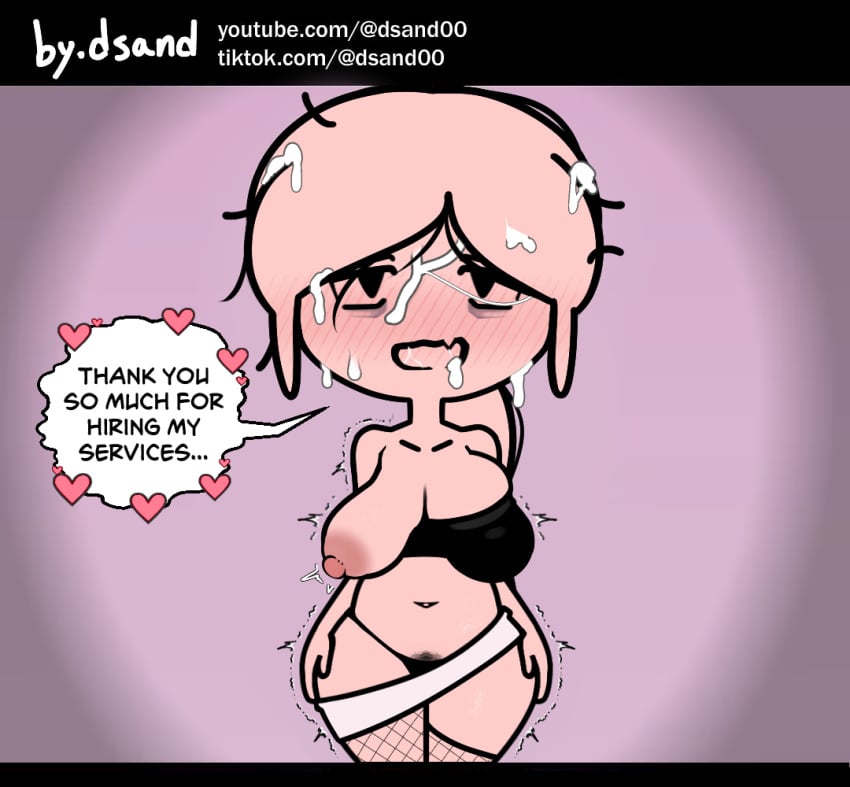 black_panties blush bra breasts chibi clothing cum cum_on_hair english_language english_text facial female female female_pubic_hair fishnet_thighhighs fishnets full-face_blush heart inverted_nipples large_breasts legwear long_hair looking_at_viewer my_ghost_friend navel nipples one_breast_out open_mouth panty_pull pink_hair pubic_hair semen smile solo steca strapless sweat text thelazyart thighhighs trembling tube_top underwear