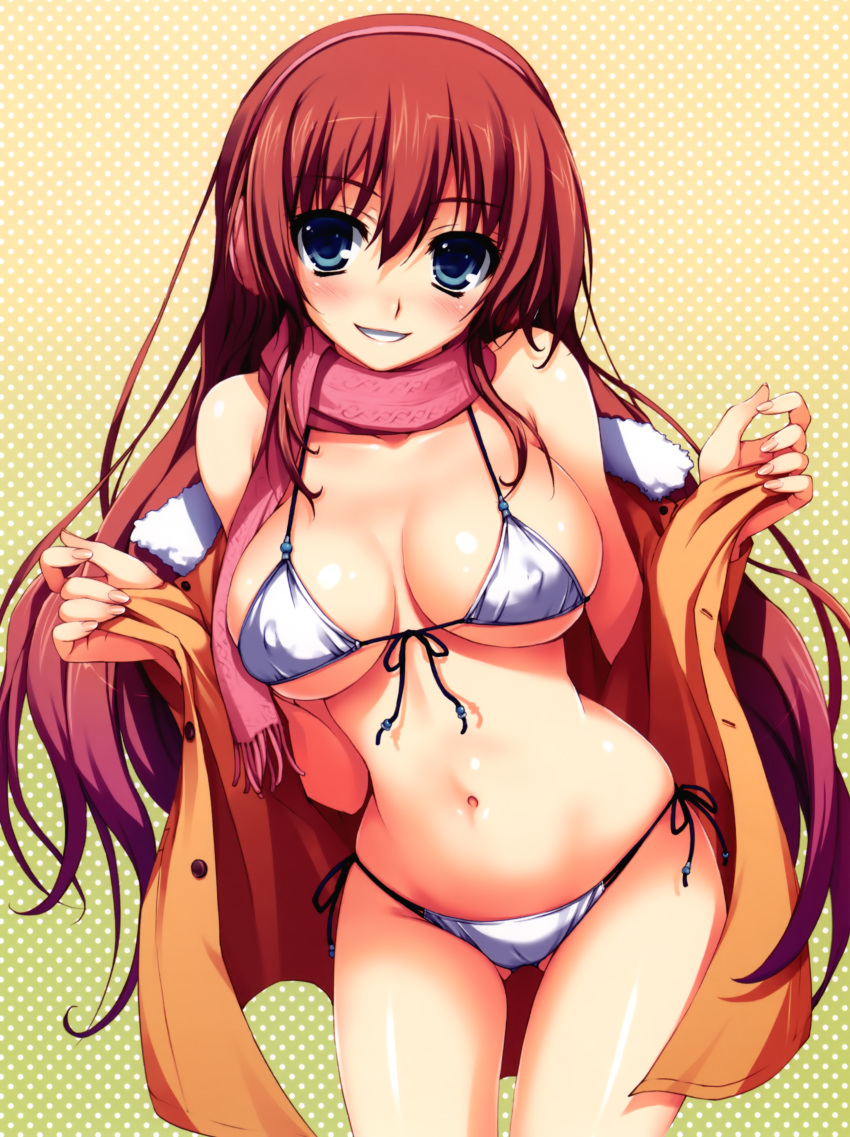 1girls bikini blue_eyes blush breasts coat cute earmuffs female female_only front-tie_top hair high_resolution large_breasts long_hair lowleg original parted_lips pointy_chin red_hair scarf side-tie_bikini smile solo string_bikini swimsuit tomose_shunsaku