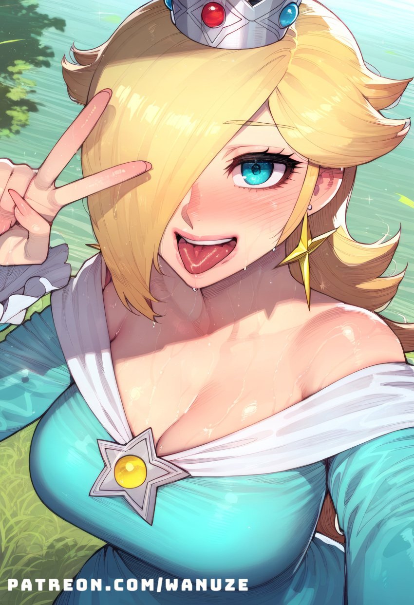 ai_generated aqua_eyes big_ass big_breasts big_butt big_thighs blonde_hair blue_dress blush huge_ass huge_butt huge_thighs jewelry mario_(series) medium_breasts peace_sign princess_rosalina tongue_out wanuze wide_hips
