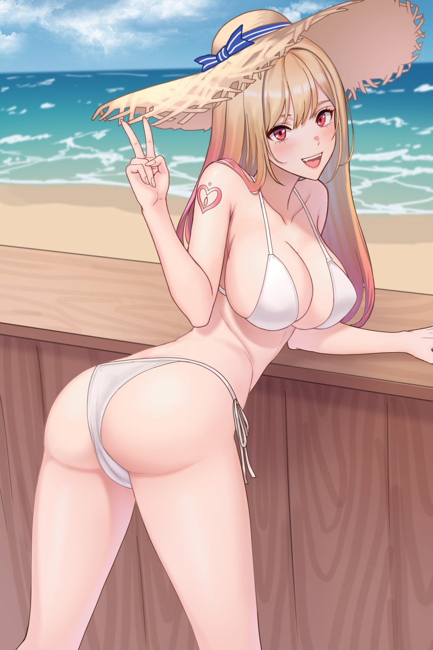 1girls ass ass_cleavage back beach beach_hat big_breasts bikini bikini_bottom bikini_only bikini_top blonde_eyebrows blonde_female blonde_hair blonde_hair_female blue_sky busty busty_female busty_girl butt_crack clouds coast day daylight daytime female fintowing halterneck horizon hourglass_figure huge_breasts large_breasts lean_figure narrow_waist nipple_bulge ocean open_mouth open_mouth_smile original original_art original_artwork original_character outdoor outdoors outside parted_lips peace_sign plump_breasts red_eyes red_eyes_female sand sea seaside side-tie_bikini sign sky slender_body slender_waist slim_waist string_bikini swimsuit swimwear tongue upper_teeth v v_sign wide_hips