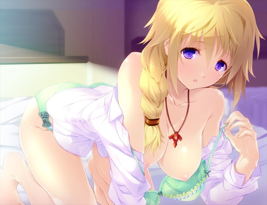 all_fours ass bed bed_sheet blonde_hair blue_eyes blush bow bra braid breasts charlotte_dunois cleavage collarbone hanging_breasts infinite_stratos large_breasts lingerie long_hair looking_at_viewer matsugawa nipple_slip nipples open_clothes open_shirt panties plait see-through underwear undressing