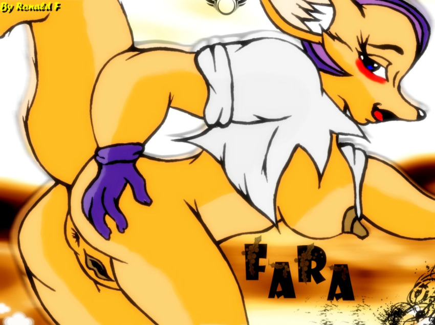 4_fingers anthro anus ass ass_grab black_nose blue_eyes blush bottomless breasts character_name clothes color fara_phoenix female female_only fox fur furry furry_ass furry_breasts furry_ears furry_tail gloves looking_right nipples open_eyes open_mouth orange_fur pointy_ears raised_tail ronaldf side_view solo star_fox tail vulva