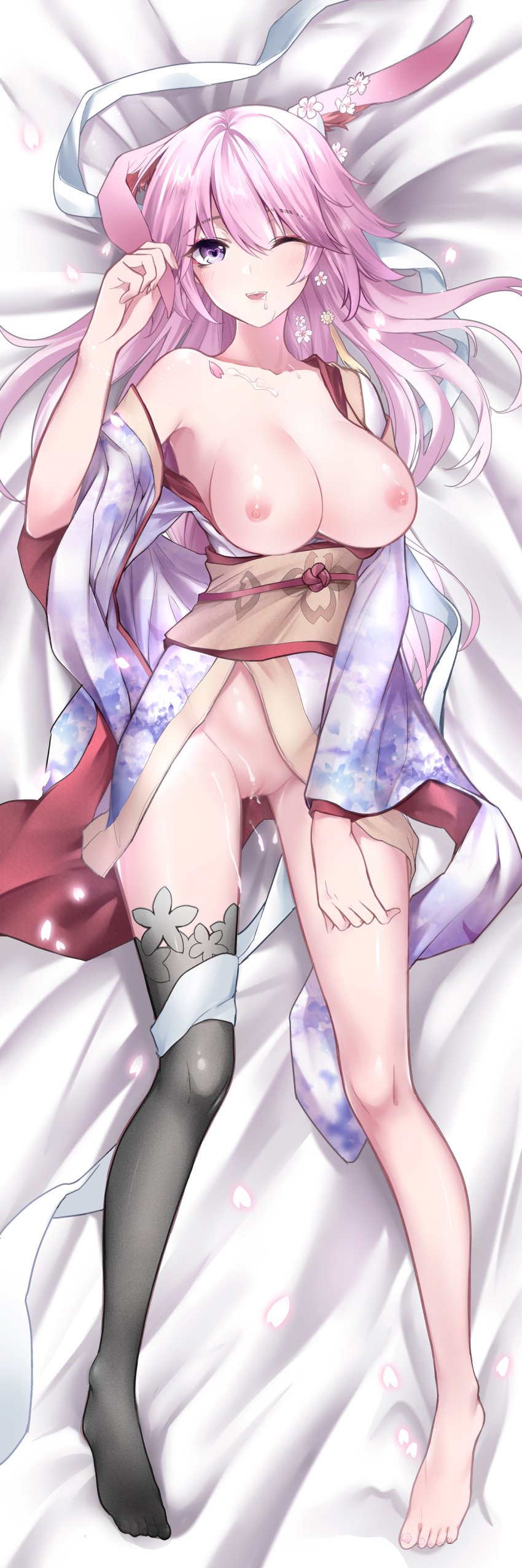 benghuai_xueyuan cum dakimakura gou_lianlian_dogface japanese_clothes nipples no_bra nopan pussy uncensored yae_sakura_(benghuai_xueyuan)