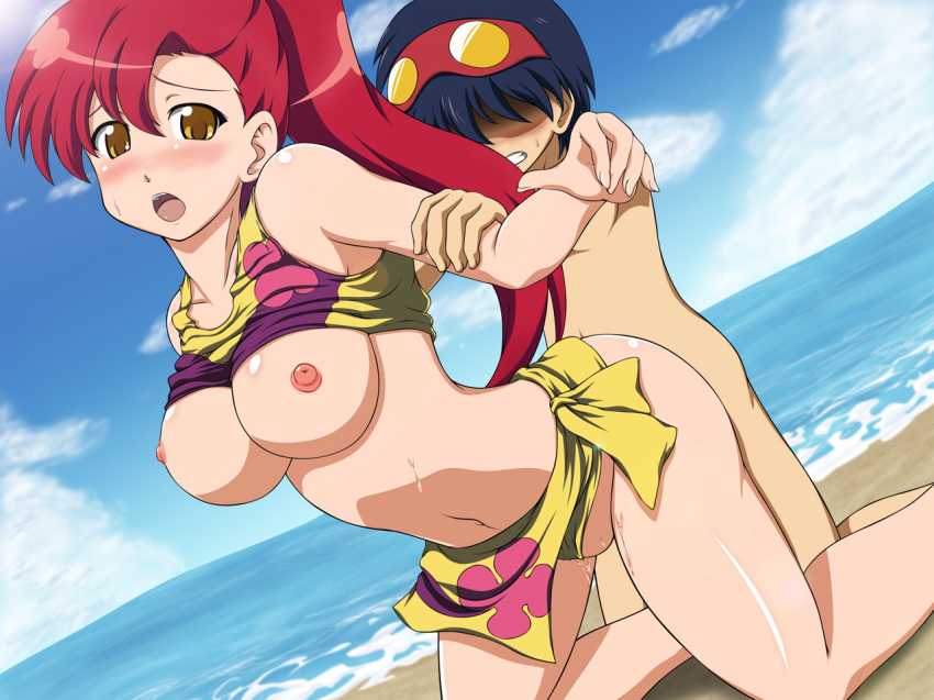 beach big_breasts bikini blue_hair blush breasts eyewear_on_head nipples open_mouth red_hair simon_(tengen_toppa_gurren_lagann) swimsuit tengen_toppa_gurren_lagann yoko_littner