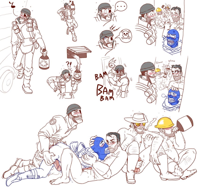 5boys alcohol anal_penetration anal_sex balaclava beating_on_door bush_hat carrying_object cigarette crossed_ankles dark-skinned_male demoman doctor_sex drinking engineer_(team_fortress_2) fucked_from_behind gay glasses gloves handjob kissing liquor_bottle male male_focus male_only medic_(team_fortress_2) orgy pants_down penis_size_difference precum_drip rape restrained sniper_(team_fortress_2) socks_and_shoes spy_(team_fortress_2) stroking_cock sweatdrops tagme team_fortress_2 yaddie