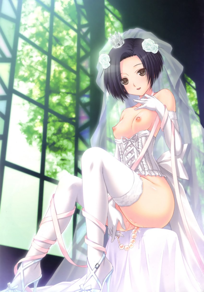 anal anal_beads black_eyes black_hair breasts bridal_veil corset crown elbow_gloves female female_only from_below fusataka_shikibu gloves high_heels high_resolution human kobayakawa_rinko looking_at_viewer love_plus mini_crown nipples no_panties open_mouth open_shoes pussy_juice revealing_clothes scan shoes short_hair sitting smile solo thighhighs veil wedding_dress white_gloves white_legwear window