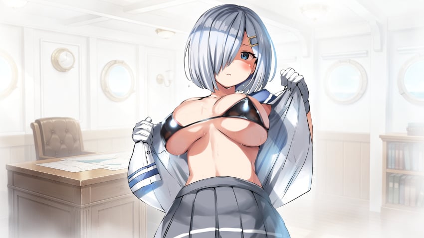 belko bikini bikini_top_only black_bikini blue_eyes blue_sailor_collar blush breasts dated female female_only gloves grey_skirt hair_ornament hair_over_one_eye hairclip hamakaze_(kancolle) highres kantai_collection large_breasts open_mouth pleated_skirt sailor_collar school_uniform serafuku short_hair signature silver_hair simple_background skirt solo sweat swimsuit third-party_edit undressing wallpaper white_background white_gloves