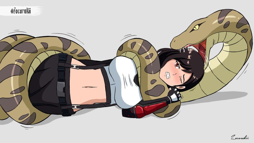 belly_button belt black_hair coiled coiling coils final_fantasy final_fantasy_vii final_fantasy_vii_remake imminent_vore leather_clothing peril red_eyes skirt snake snake_vore solo solo_female struggling tifa_lockhart vore white_skin zocorukii