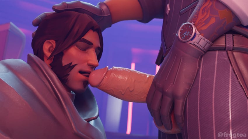 2boys cole_cassidy erection frogtoa gay gloves hanzo_shimada licking_penis overwatch penis undressing yaoi