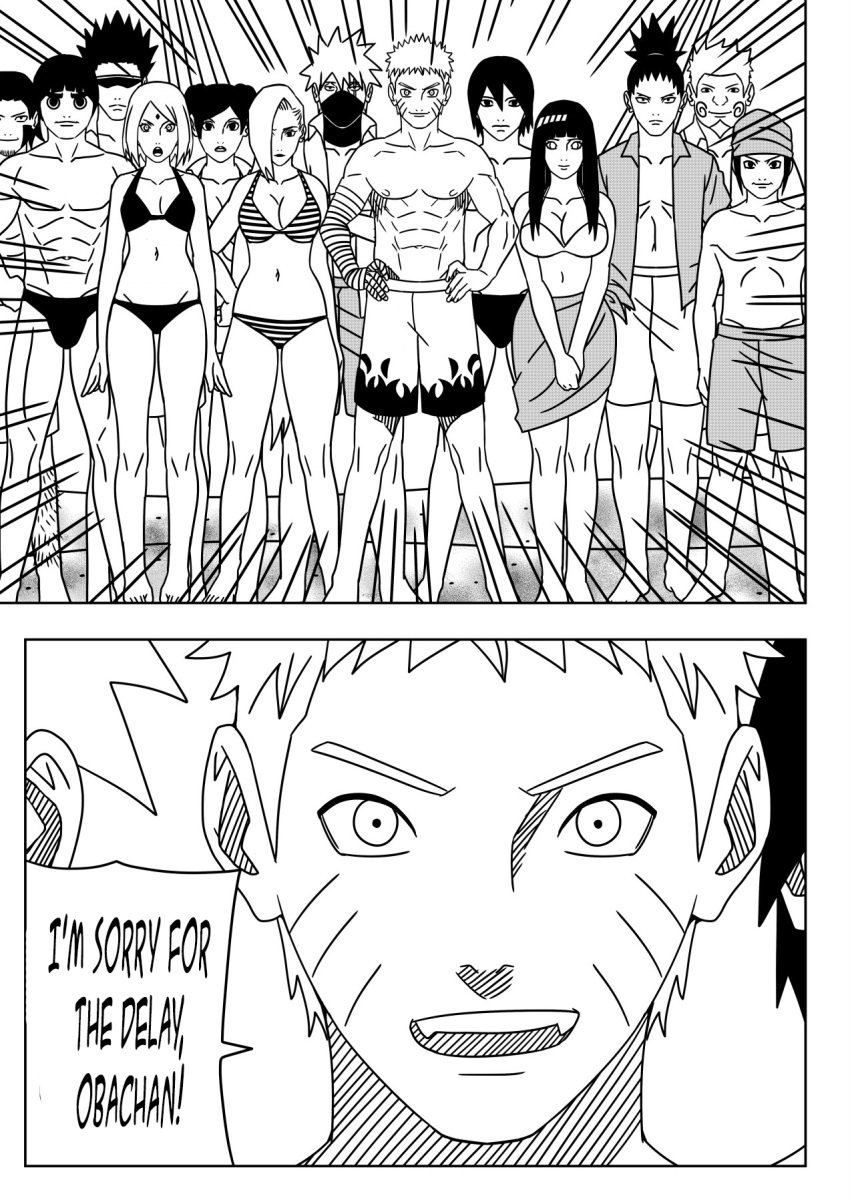 4girls 6+boys 9boys abs aburame_shino akimichi_chouji barefoot beach big_breasts bikini bikini_bottom bikini_top cleavage comic commentary dialogue english_text feet female hatake_kakashi hourglass_figure huge_breasts hyuuga_hinata ino_yamanaka inuzuka_kiba large_breasts midriff multiple_boys multiple_girls nara_shikamaru naruto naruto:_the_last naruto_(series) naruto_shippuden ninrubio oppai rock_lee sagging_breasts sai sakura_haruno sarutobi_konohamaru seaside shirtless shirtless_male shorts speech_bubble story swimsuit swimwear teacher_and_student tenten text translated trunks uzumaki_naruto voluptuous