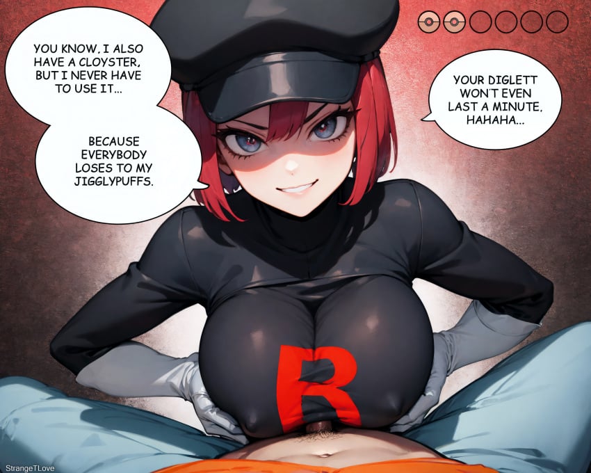 absurd_res ai_generated black_headwear covered_nipples dirty_talk evil_grin large_breasts nipples_bulge paizuri paizuri_lead_by_female paizuri_under_clothes pokemon pov pov_eye_contact red_hair short_hair simple_background speech_bubble strangetlove team_rocket team_rocket_grunt_(female) team_rocket_uniform tight_clothing watermark